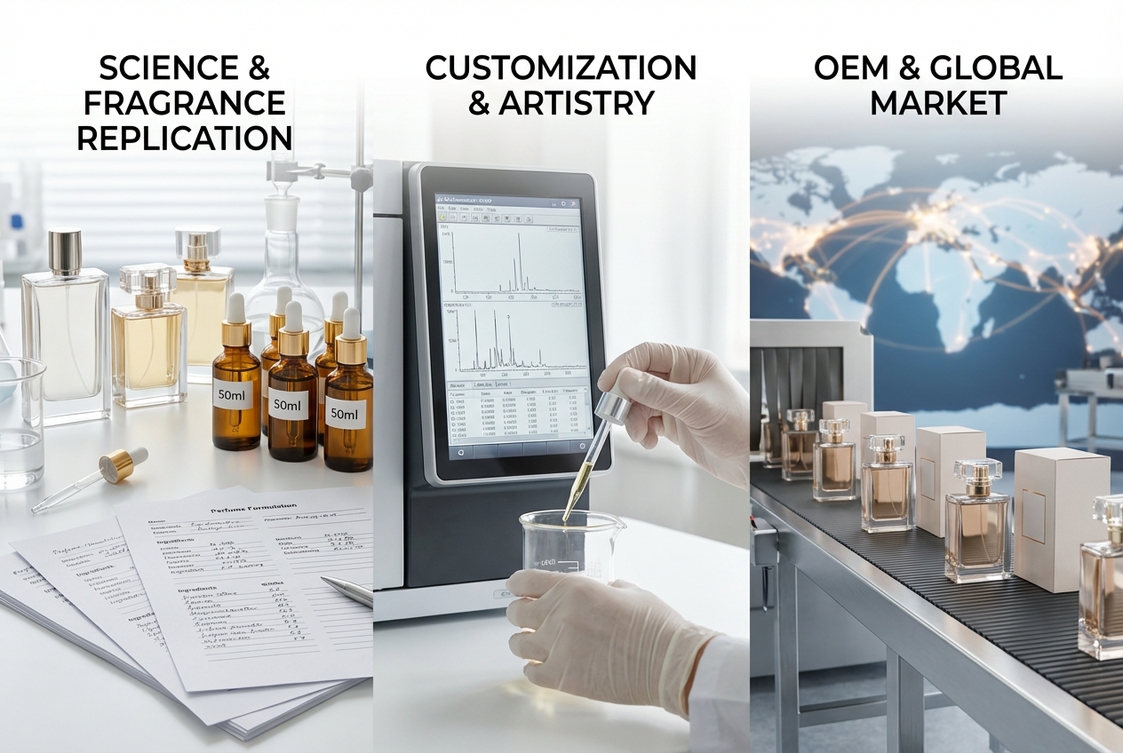 Guangzhou Shengyi Chemical Technology offers a full suite of services including 1:1 fragrance replication, custom scent matching via GCMS, and complete OEM private label perfume production.
