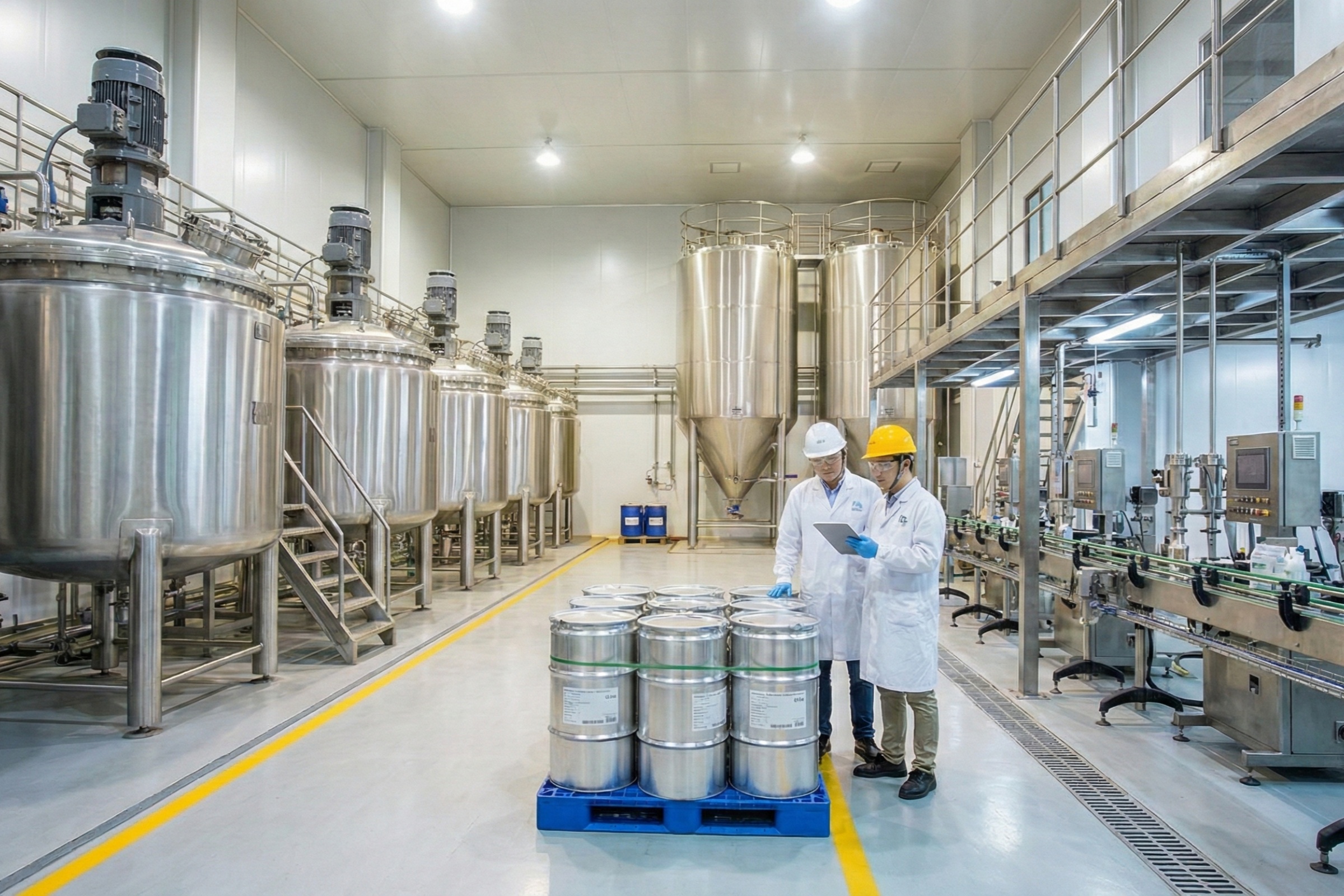 Professional industrial fragrance oil production facility at Guangzhou Shengyi, showcasing 25kg bulk drums and large-scale mixing tanks.