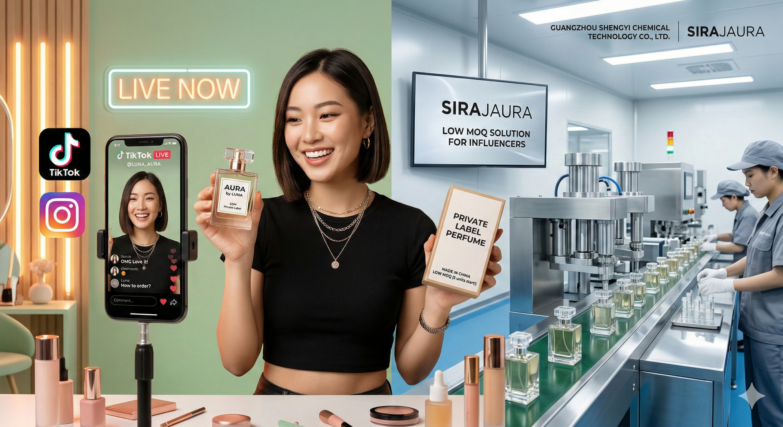 A modern influencer Luna presenting her signature perfume brand AURA with a LOW MOQ box, standing between her TikTok streaming setup and the Guangzhou Shengyi Chemical Technology Co., Ltd. (SIRAJAURA) production line in China.